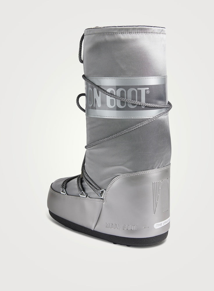 MOON BOOT- ICON GLANCE SILVER SATIN BOOTS
