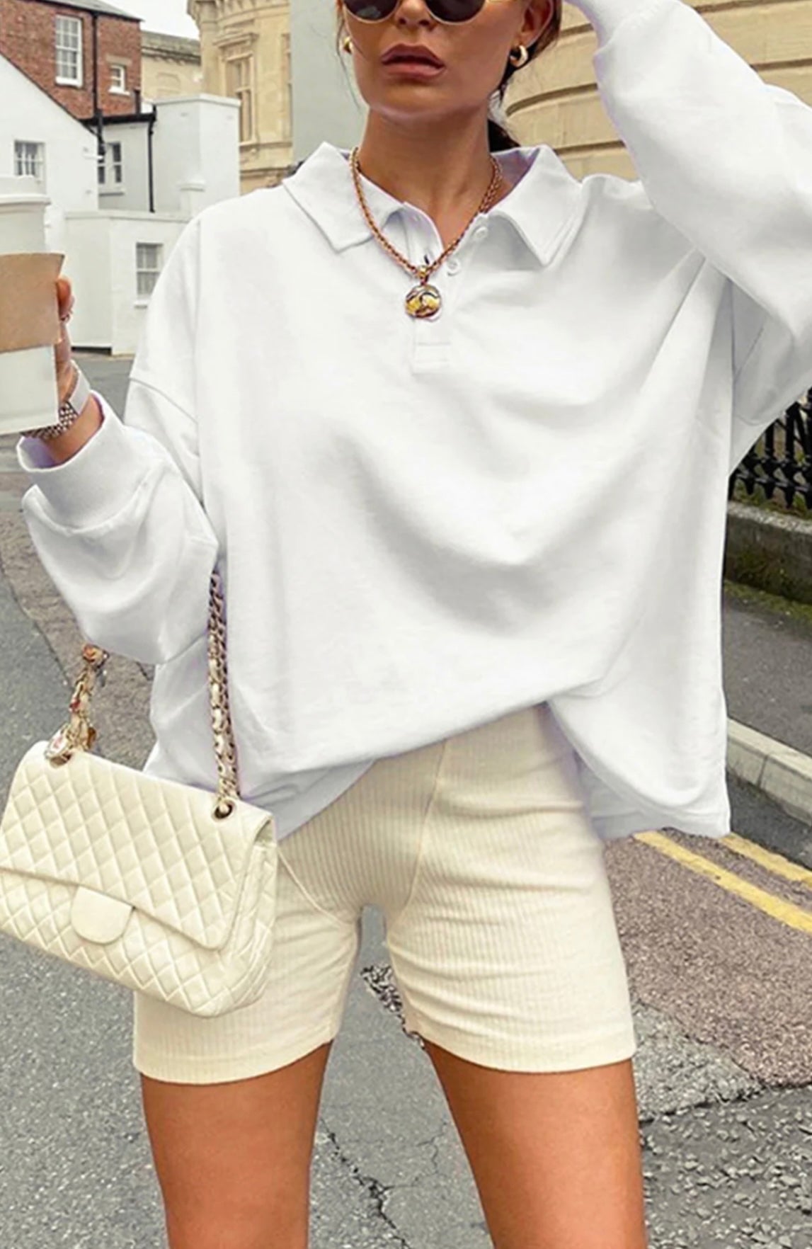 COMMENSE - WHITE Collared Oversized Sweatshirt