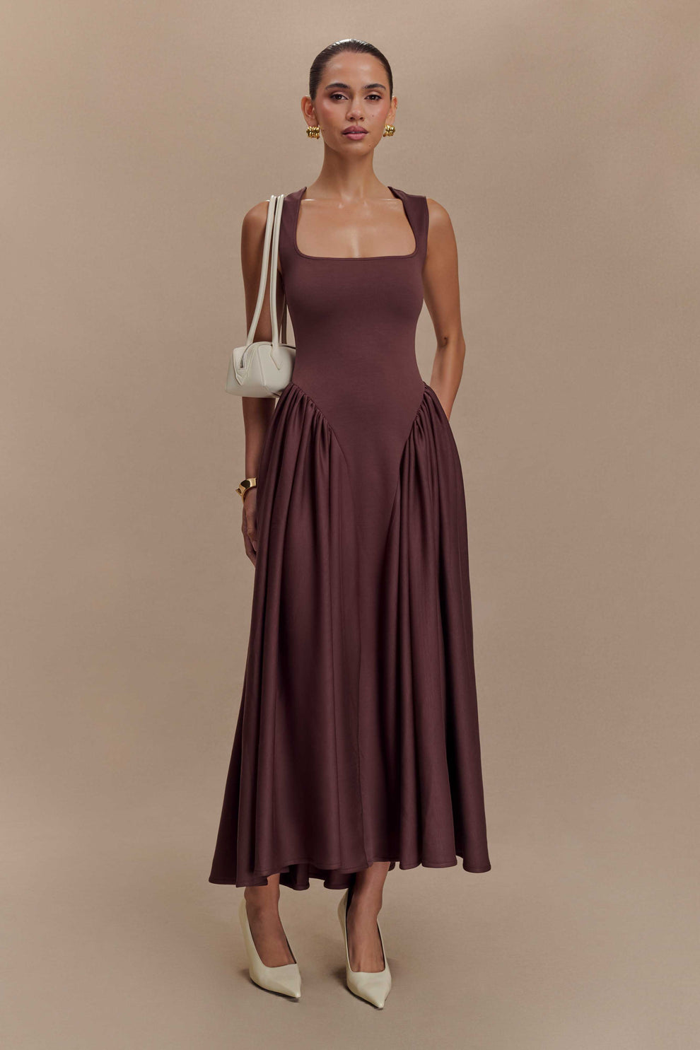 MESHKI Sharon Scuba Jersey Midi Dress - Cacao Brown