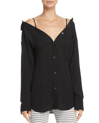 THEORY BLACK COLD SHOULDER BUTTON-UP BLOUSE