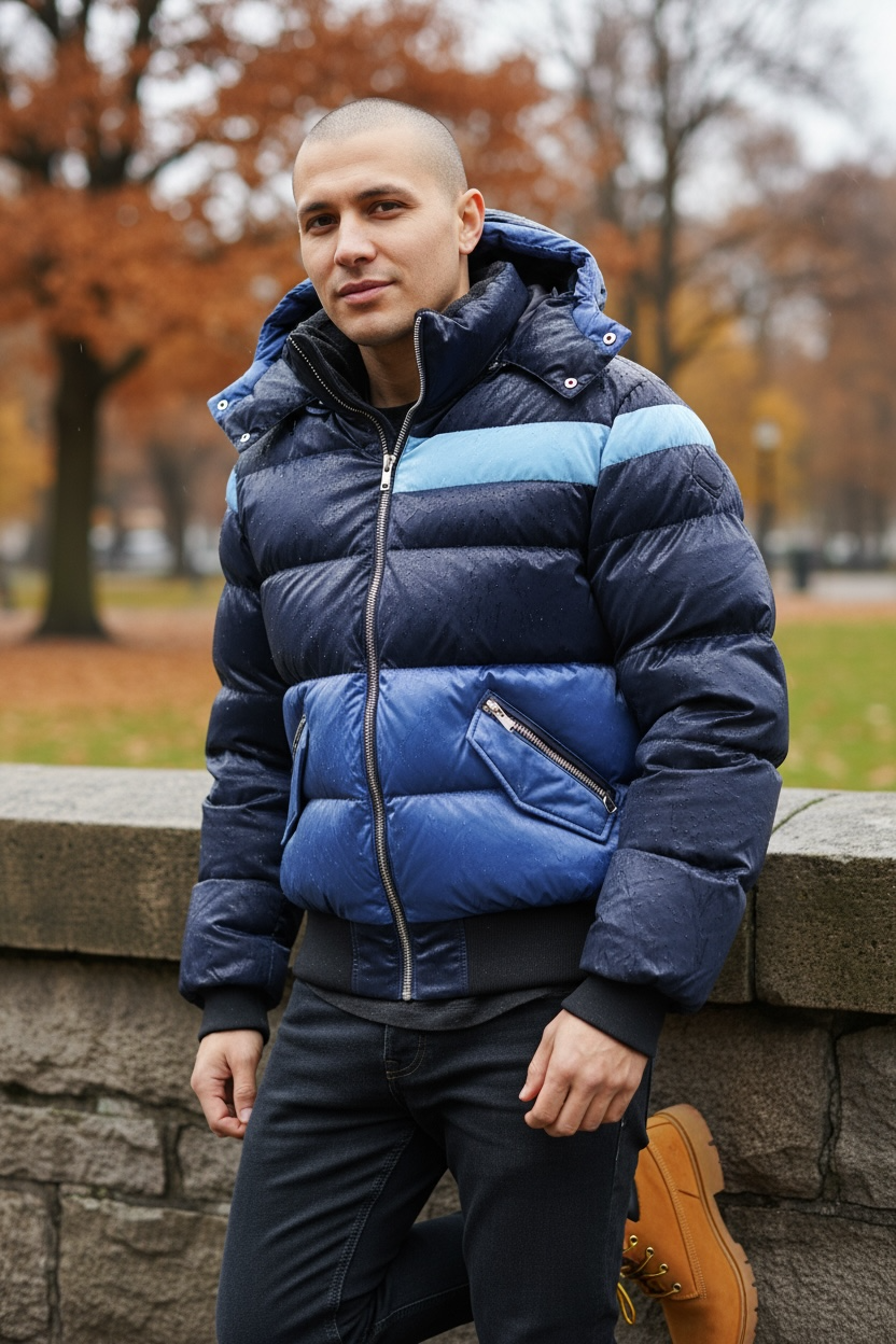 Woodpecker Navy 3-Tone Short Hooded Puff Jacket with Liquid Shine