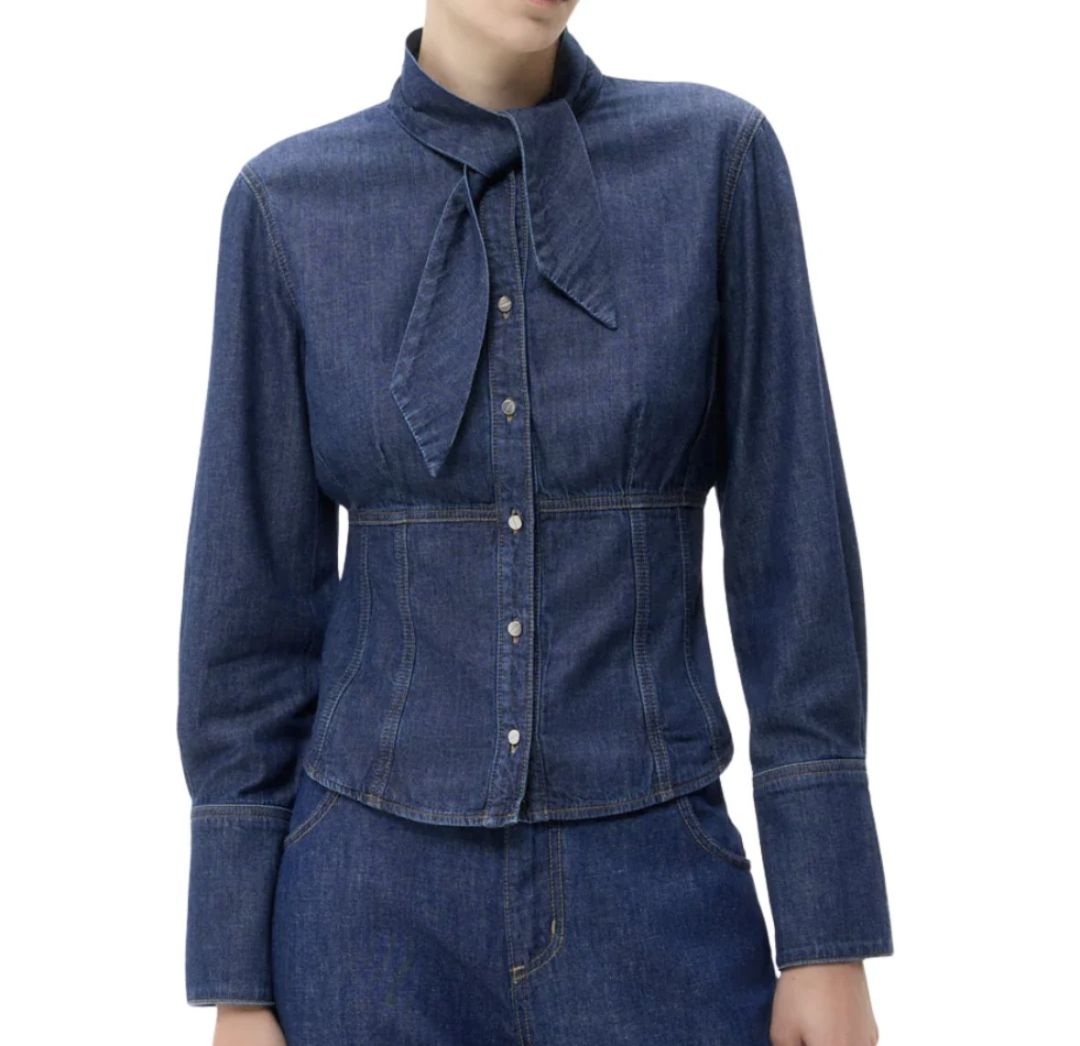 TWP Denim Tie Neck Blouse