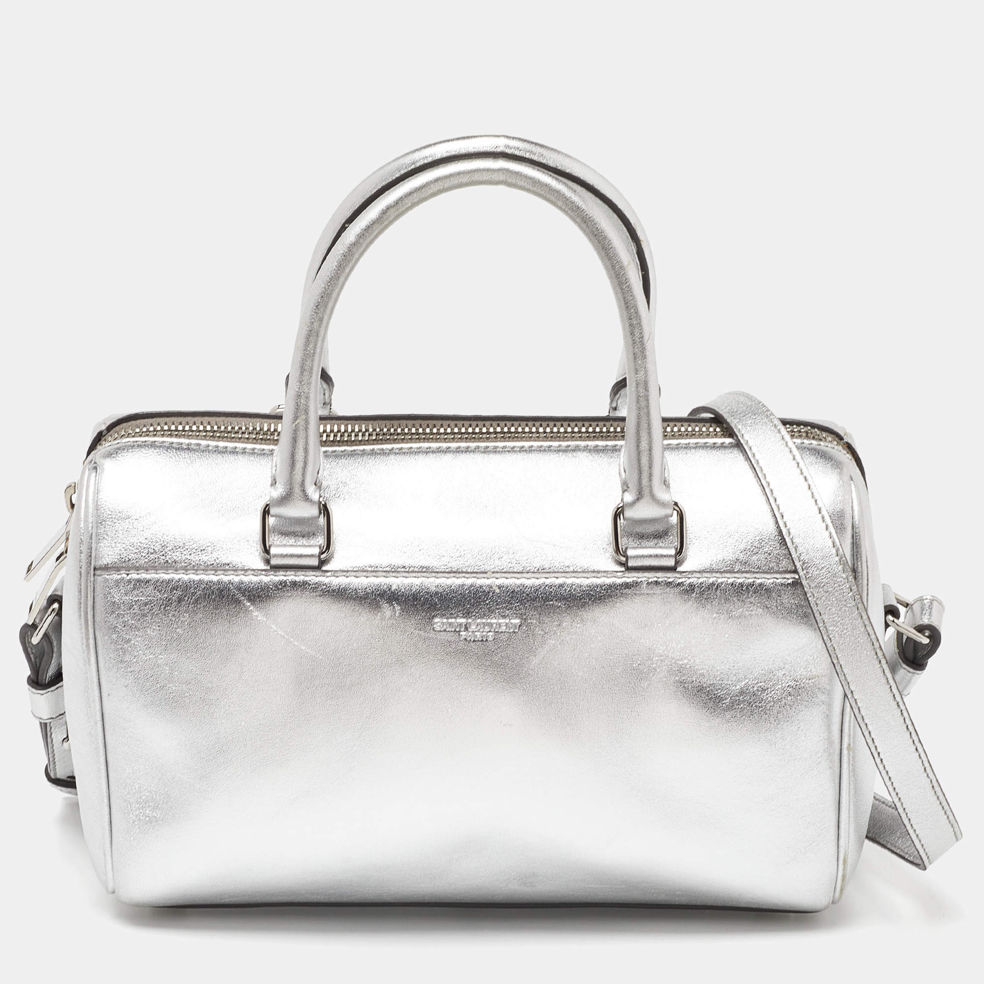 SAINT LAURENT baby duffle bag, silver purse with crossbody strap