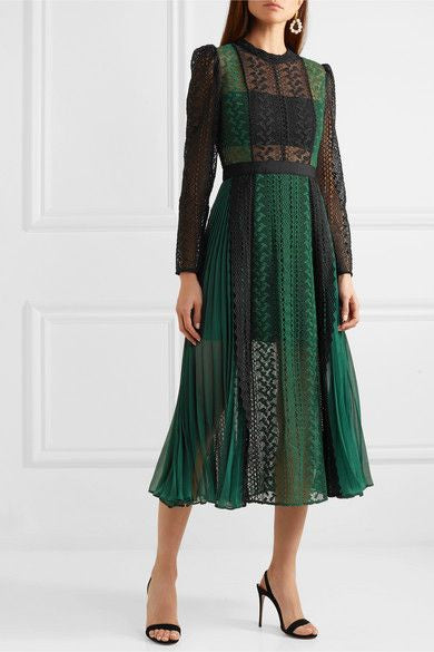 SELF PORTRAIT green/black lace long dress with pleats