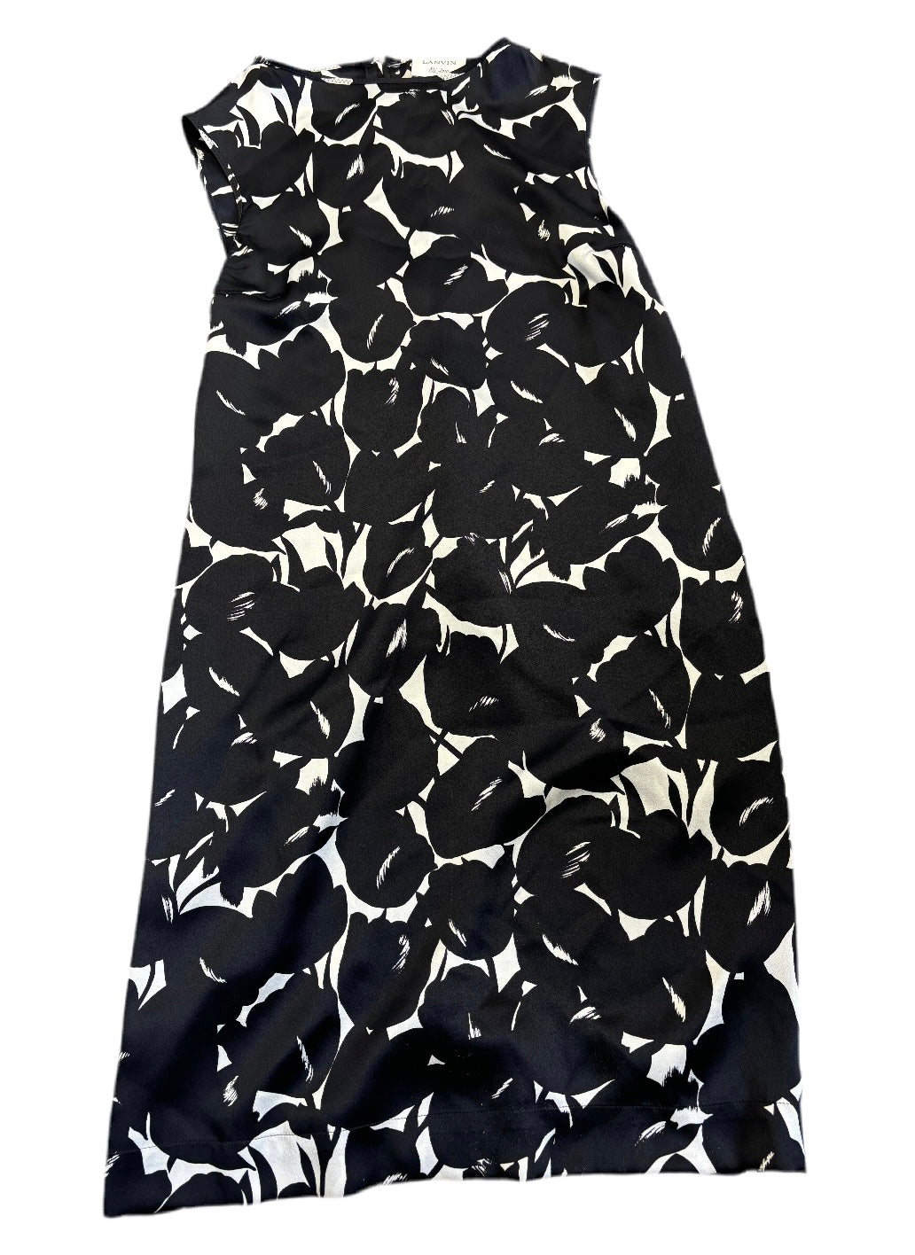 Black, White Lanvin Silk Sleeveless Mini Dress with Black Floral Detail (Black & White)