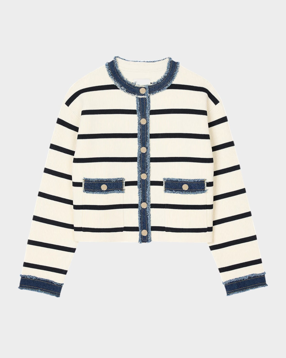Sandro Ivory and Navy Denim Trim Striped Knit Cardigan