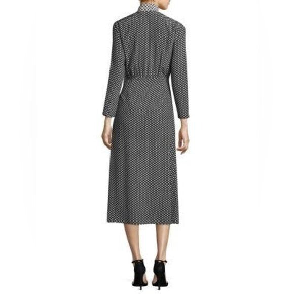 RIXO black and white star print long sleeve maxi dress w neck tie