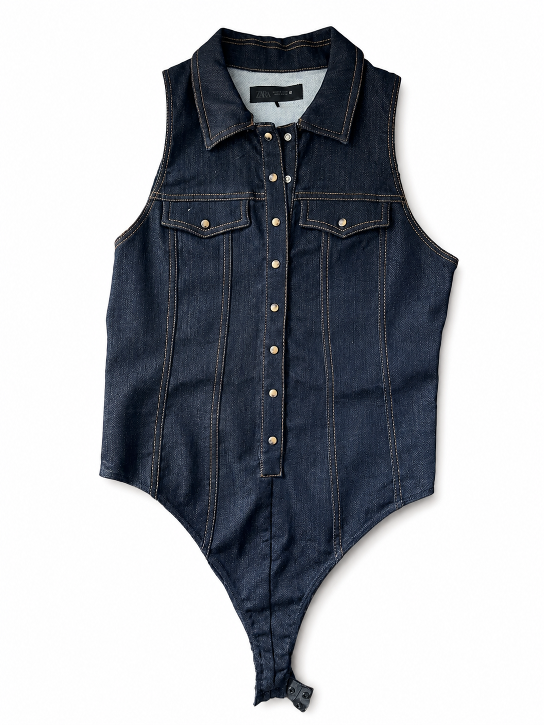 ZARA dark blue denim button up tank bodysuit