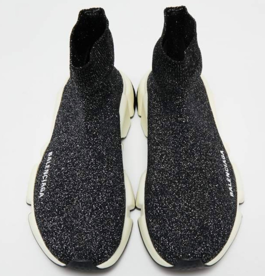 Balenciaga Black/Silver Glitter Knit Fabric Speed Trainer High-Top Sneakers