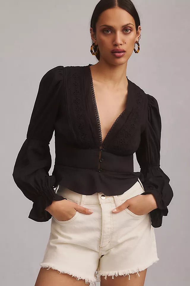 REFORMATION black eyelet cropped blouse