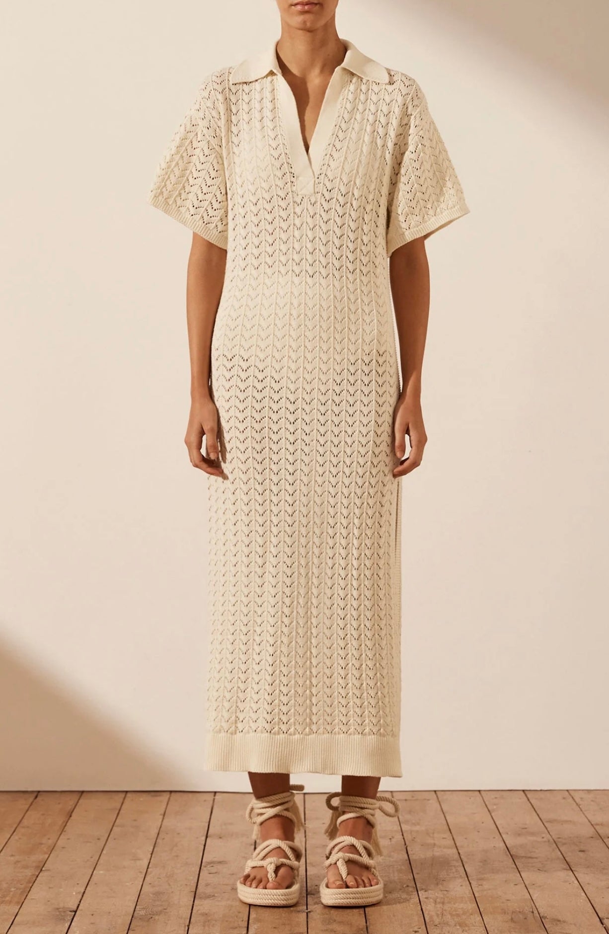 SHONA JOY - Mikala Crochet Polo Midi Dress - Coconut