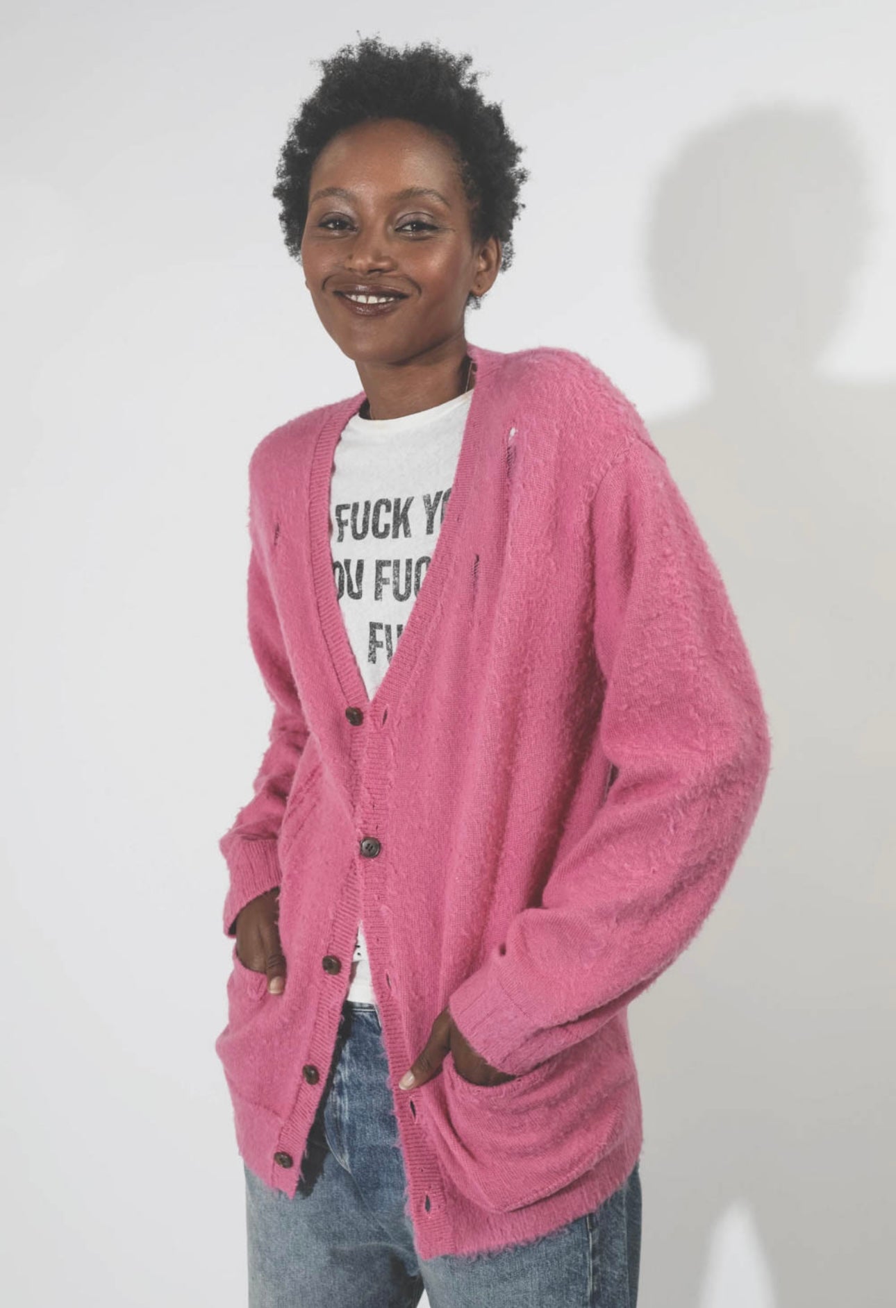 R13 Denim Collection Shaggy Oversized Distressed Edge Cardigan - Pink