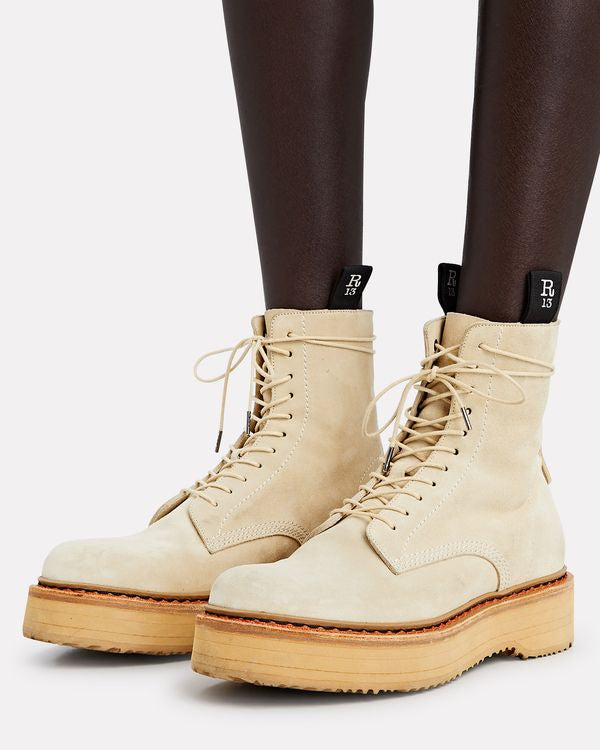 R13 beige suede "single stack" lace up combat boots