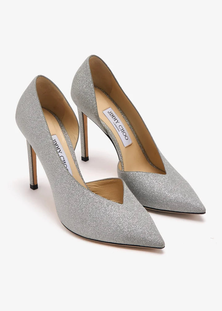 JIMMY CHOO silver sparkly pointed toe heels