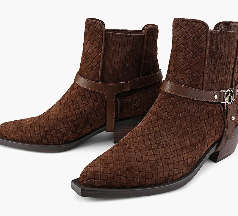 Wishbone Brown Woven Suede Pointed Toe Ankle Boots