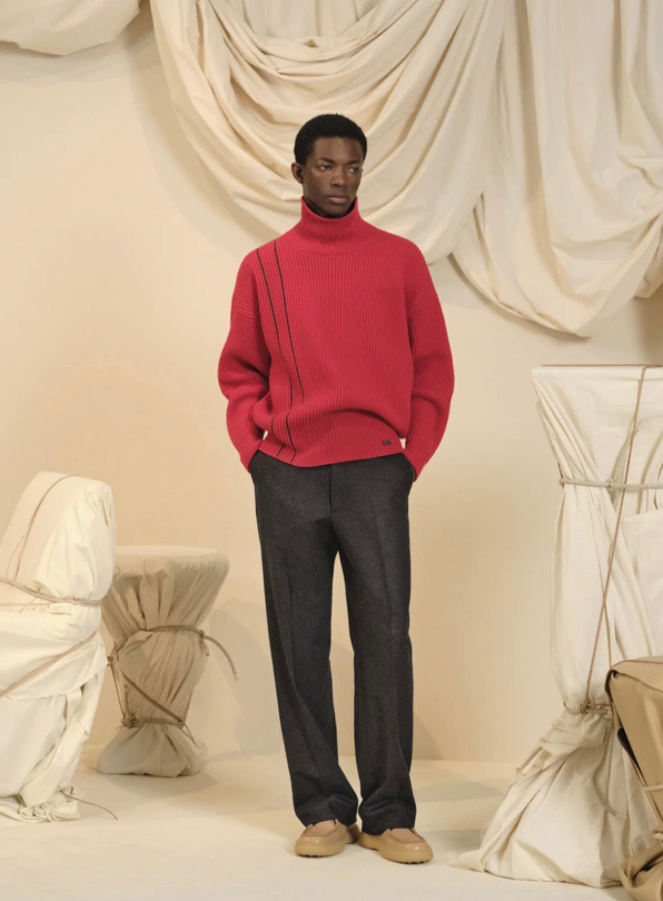Tod's Mens Red Ribbed Mock Neck Sweater