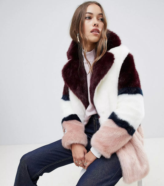 Jakke mid length faux fur coat in colour block