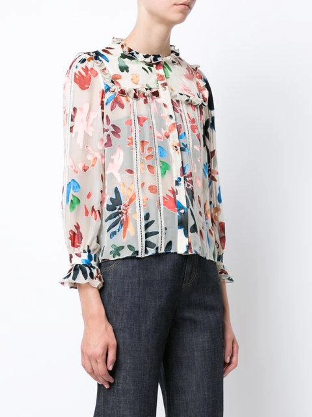Alice + Olivia Sheer Ruffle Multicolour Print Button Up Blouse