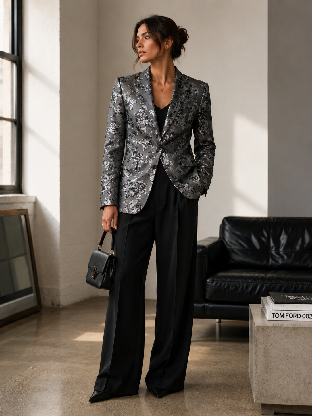 ALICE + OLIVIA grey blazer with silver metallic rose print