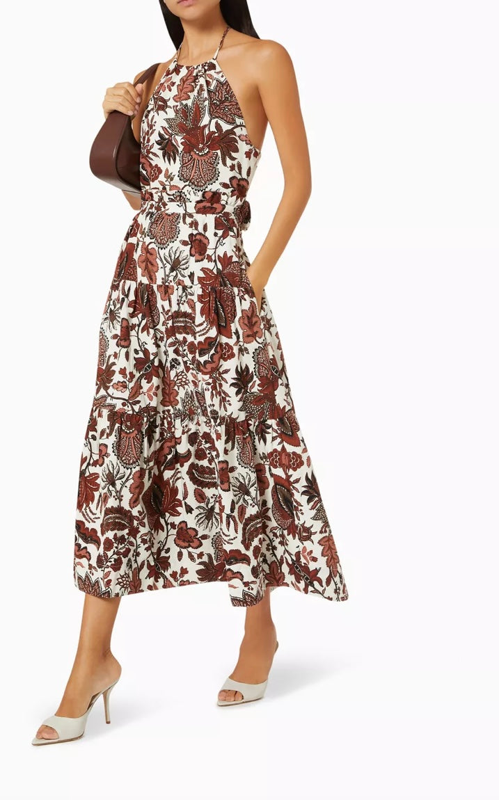 SHONA JOY ivory with brown floral print halter maxi dress