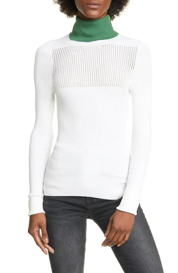 Smythe White Ribbed Turtlenck with Green Neck Collar