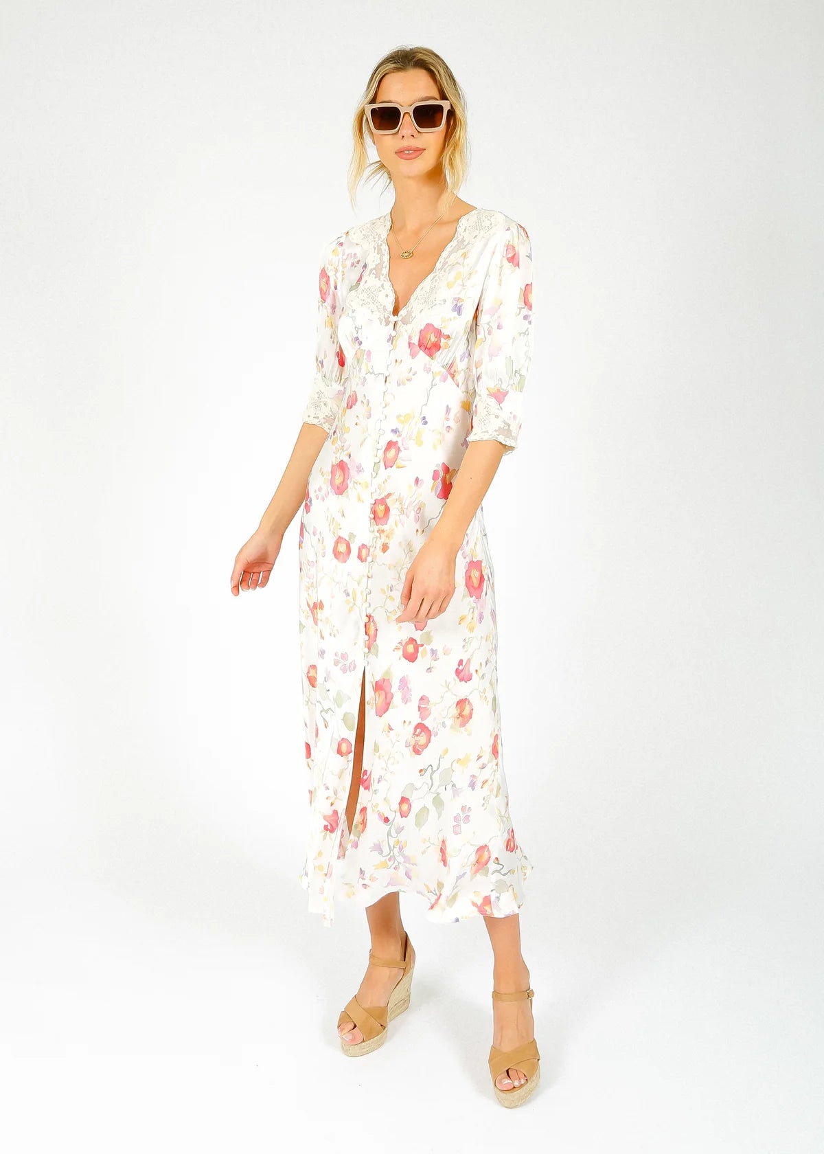 RIXO silk & lace white dress with floral print