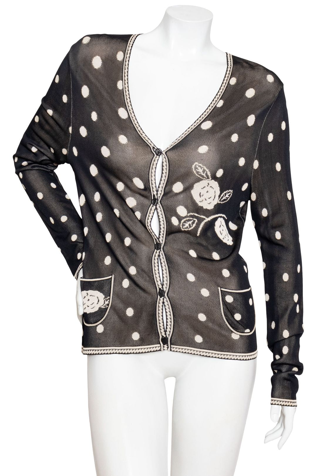 CHANEL black and nude polka dot cardi with floral detailing