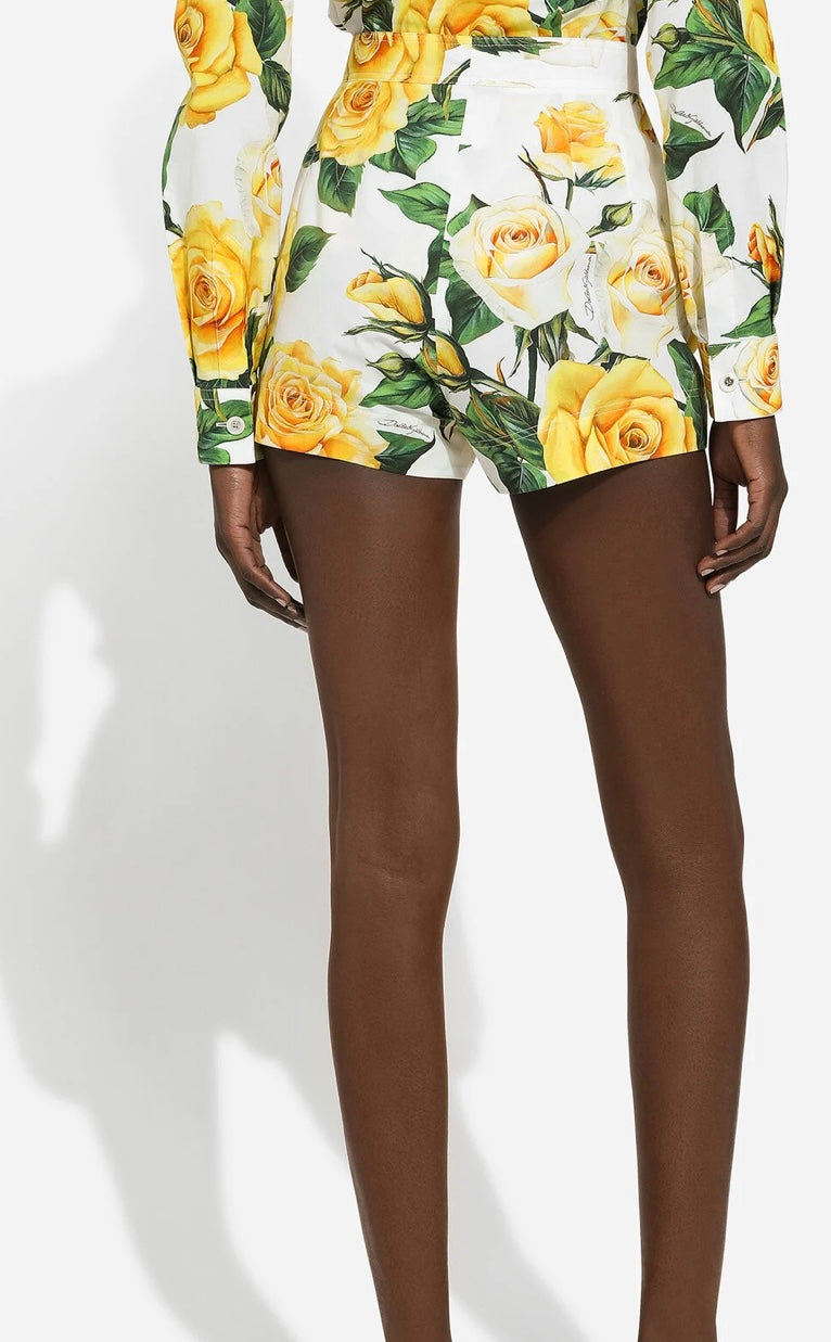 DOLCE & GABBANA- Cotton shorts with yellow rose print