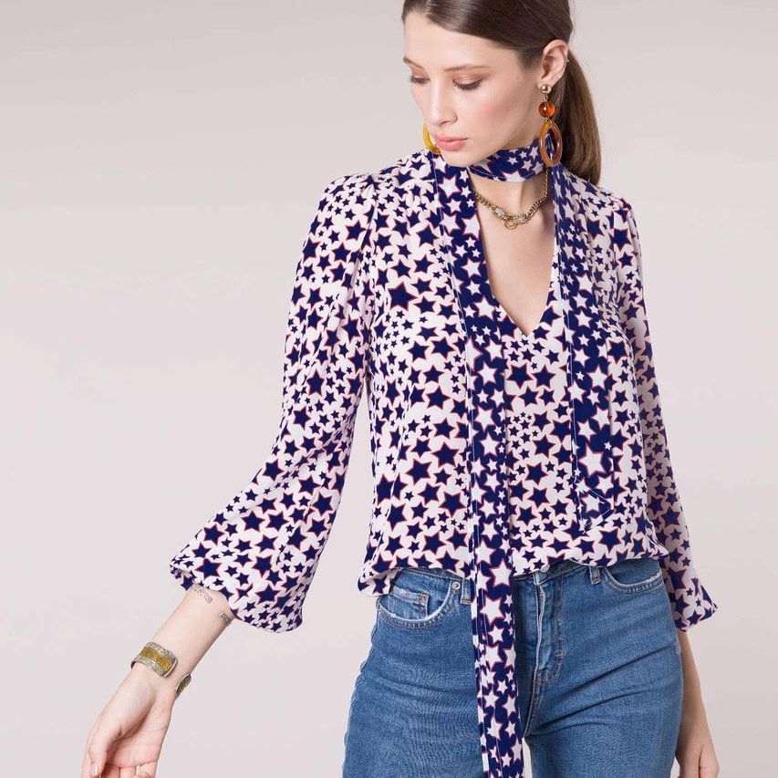 RIXO long sleeve blouse, white with blue stars, neck tie