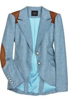 SMYTHE  light blue wool blend tweed blazer with brown suede accents + elbow patches