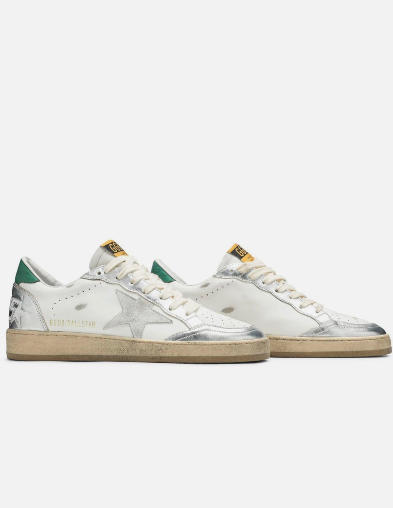 GOLDEN GOOSE Men’s Ball Star Leather Sneakers White Silver Green