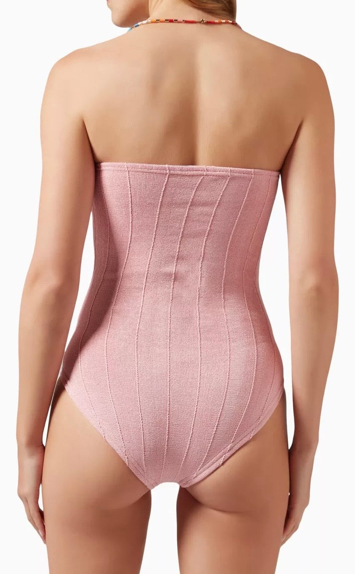HUNZA G baby pink fabric one piece strapless swim