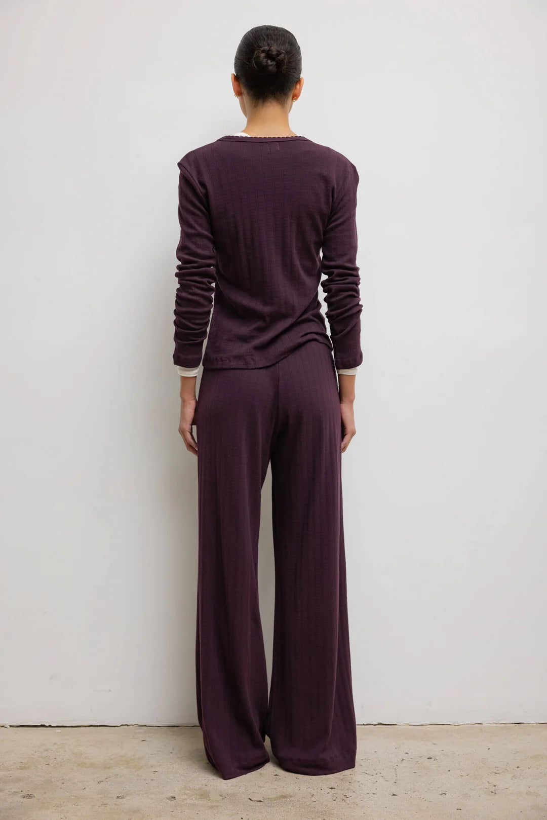 LESET purple pointelle long sleeve and sweatpants with white buttons