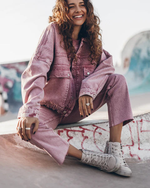 MIKUTA pink oversized denim jacket with elastic