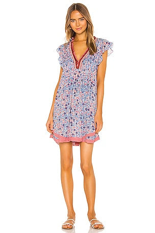 POUPETTE ST BARTH mini dress, light blue w blue and red flowers, red fringe trim