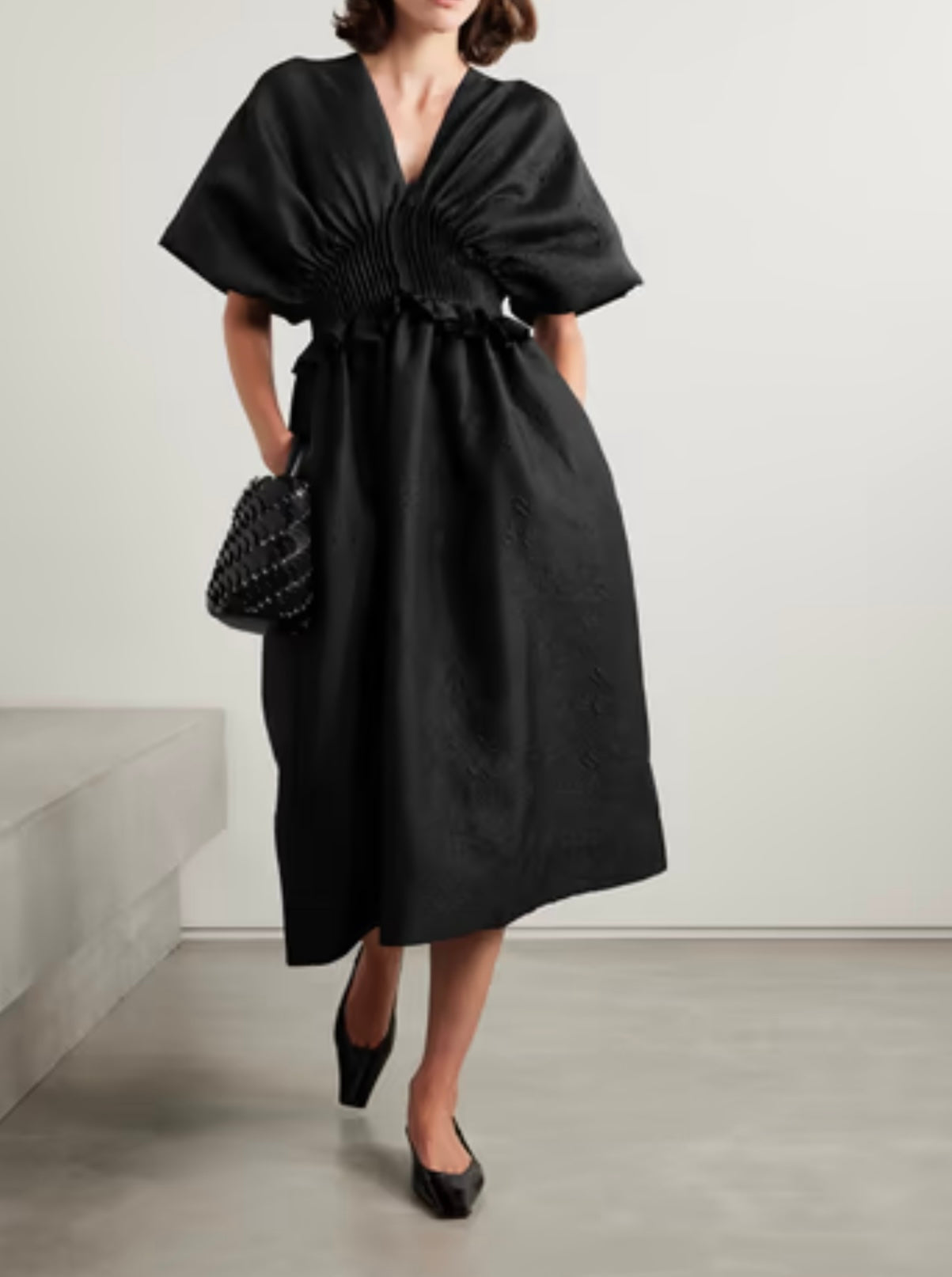 SEA NEW YORK black dress, floral stitching, large tshrirt sleeves, synched waistng