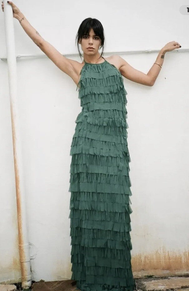 ZARA green fringe maxi dress NWT