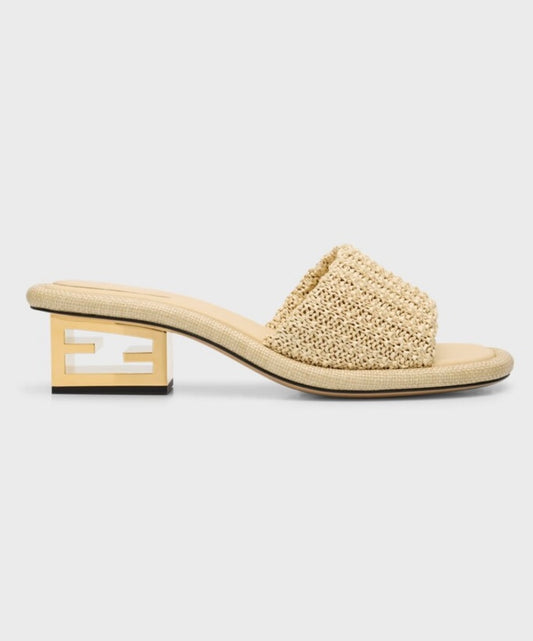 Fendi Raffia Logo-Heel Slide Sandals