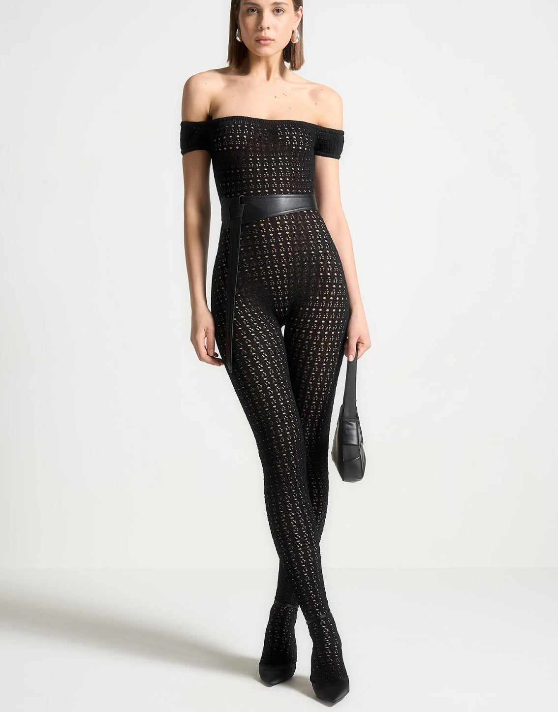 MANIERE DE VIOR black knit pointelle jumpsuit with leather belt