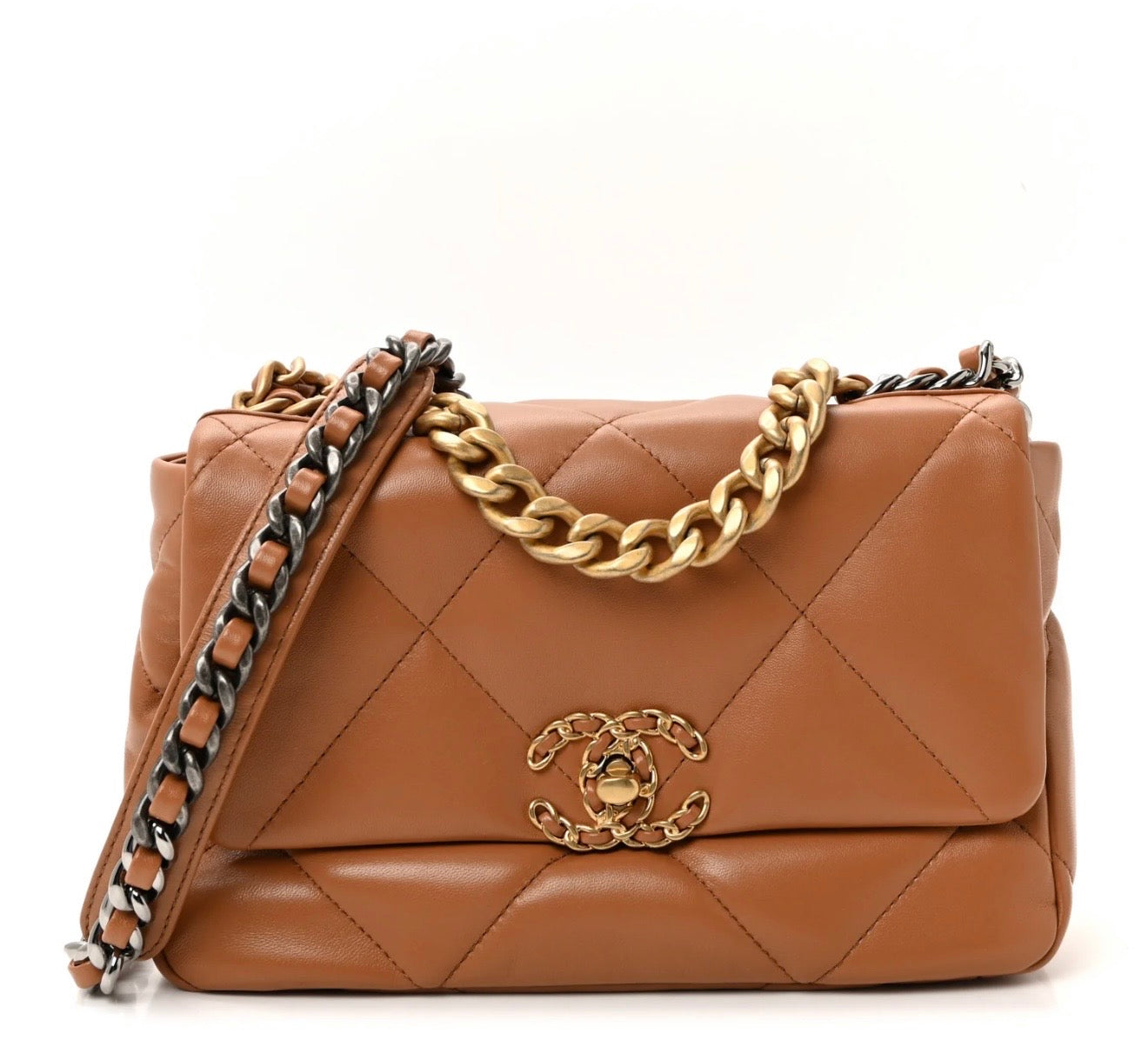 CHANEL camel brown lambskin leather 19 two tone metal bag