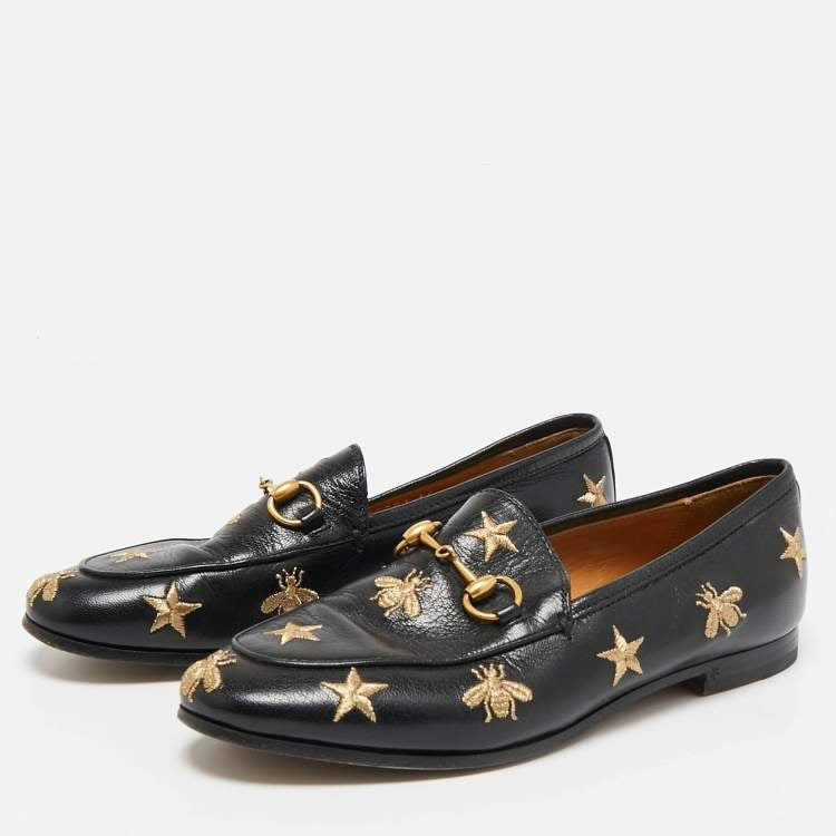 GUCCI black leather embroidered bee horsebit slip on loafer