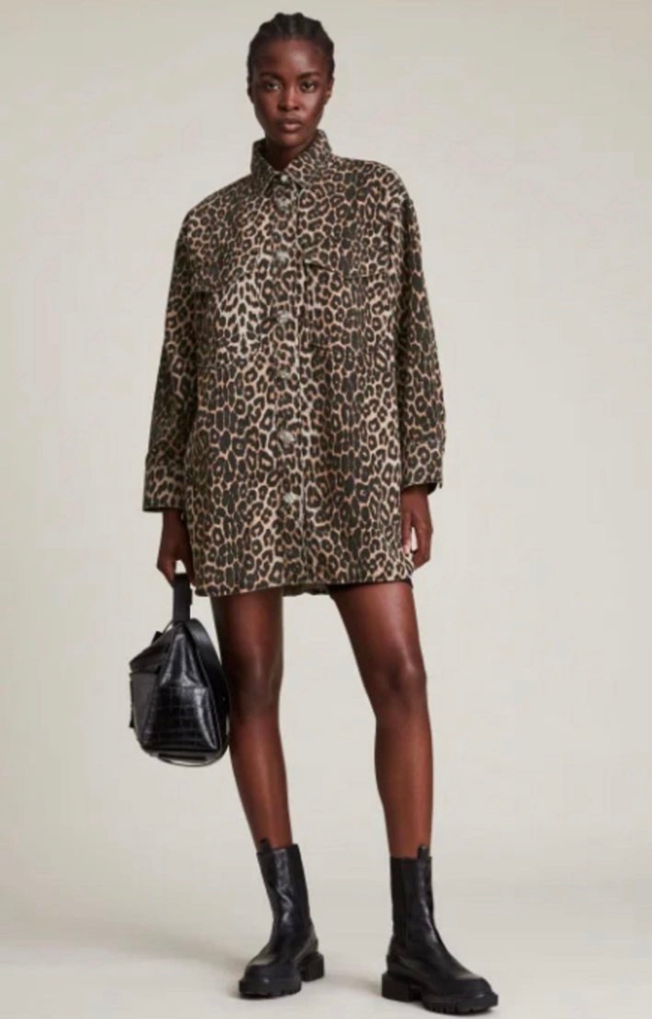ALLSAINTS
Lily Leopard Print Denim Shacket Dress