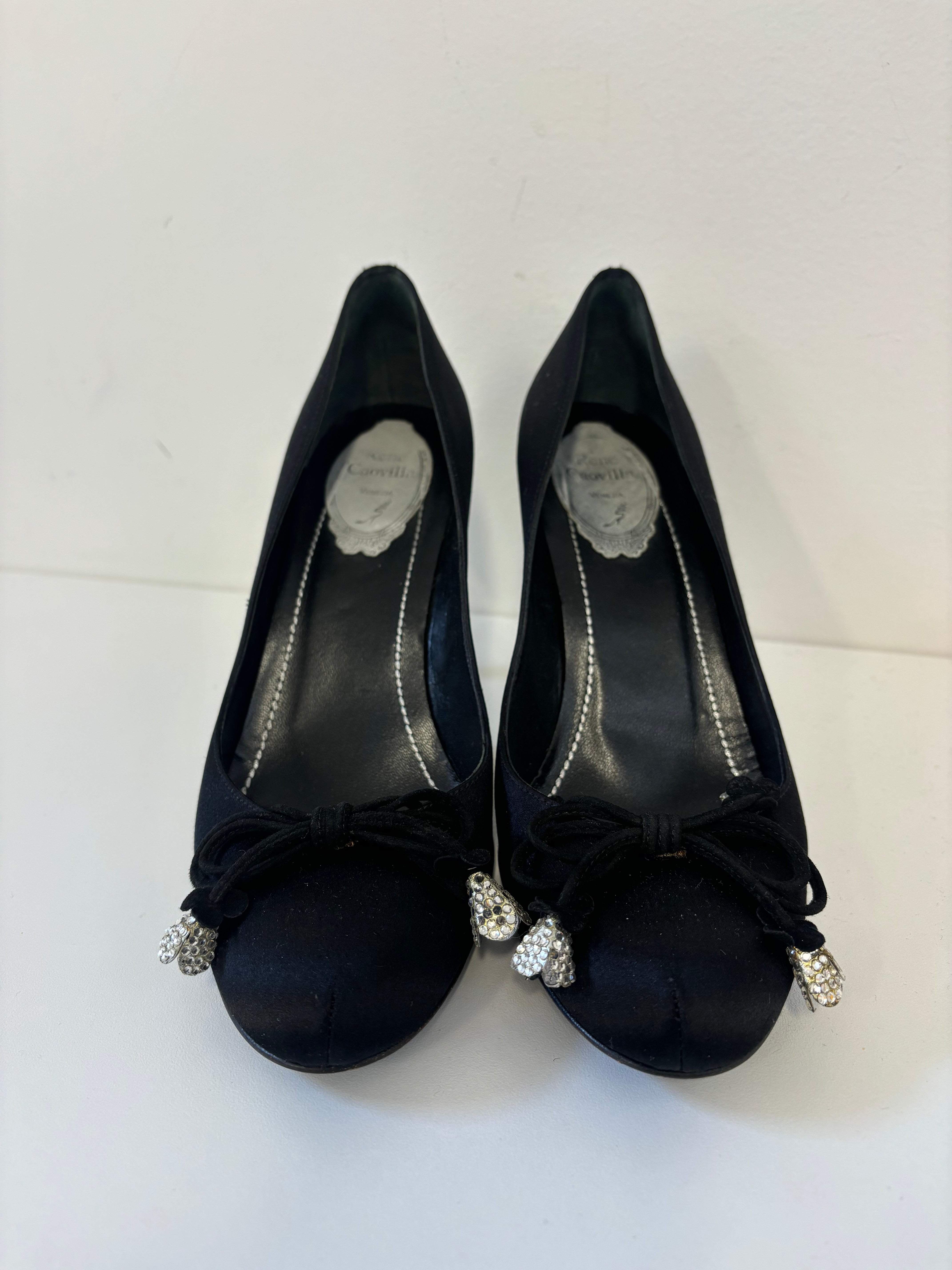 RENE CAOVILLA black satin closed toe heels with floral sparkle gem laces