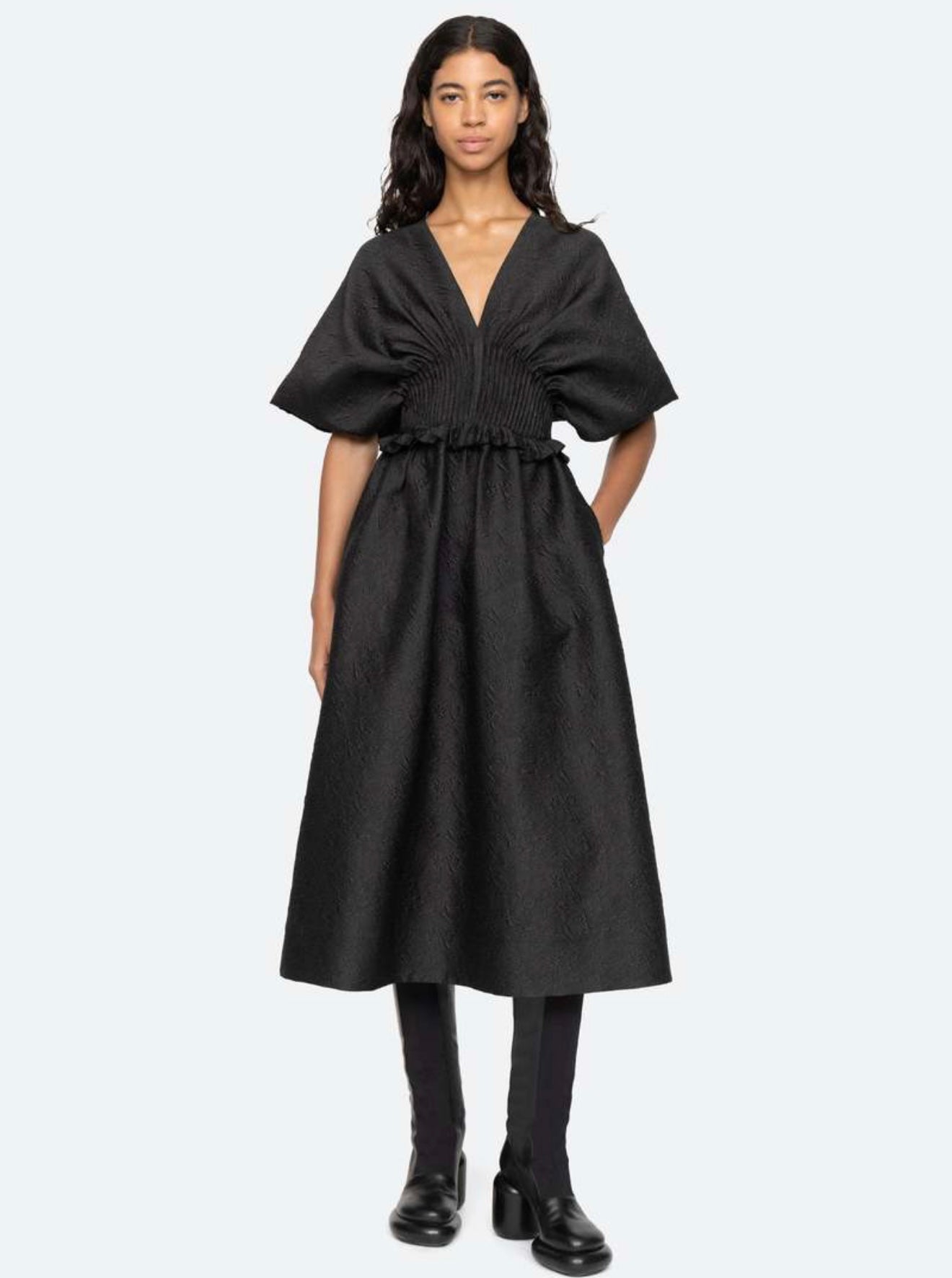 SEA NEW YORK black dress, floral stitching, large tshrirt sleeves, synched waistng