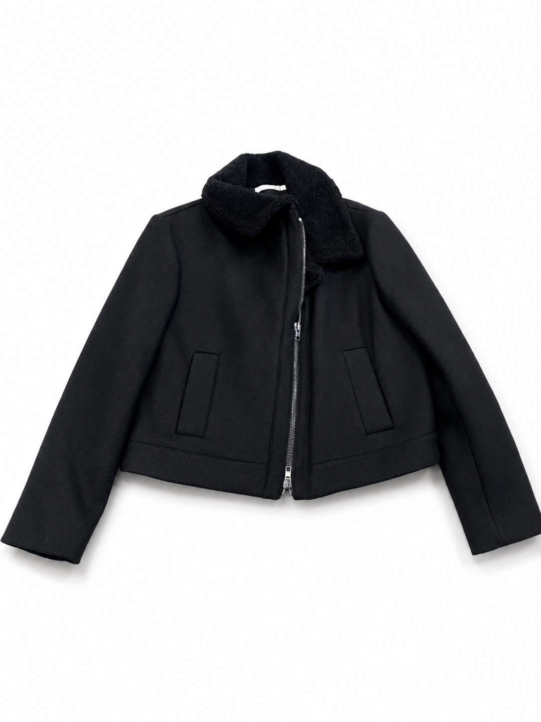 VINCE black cropped jacket, wool with sherpa collar