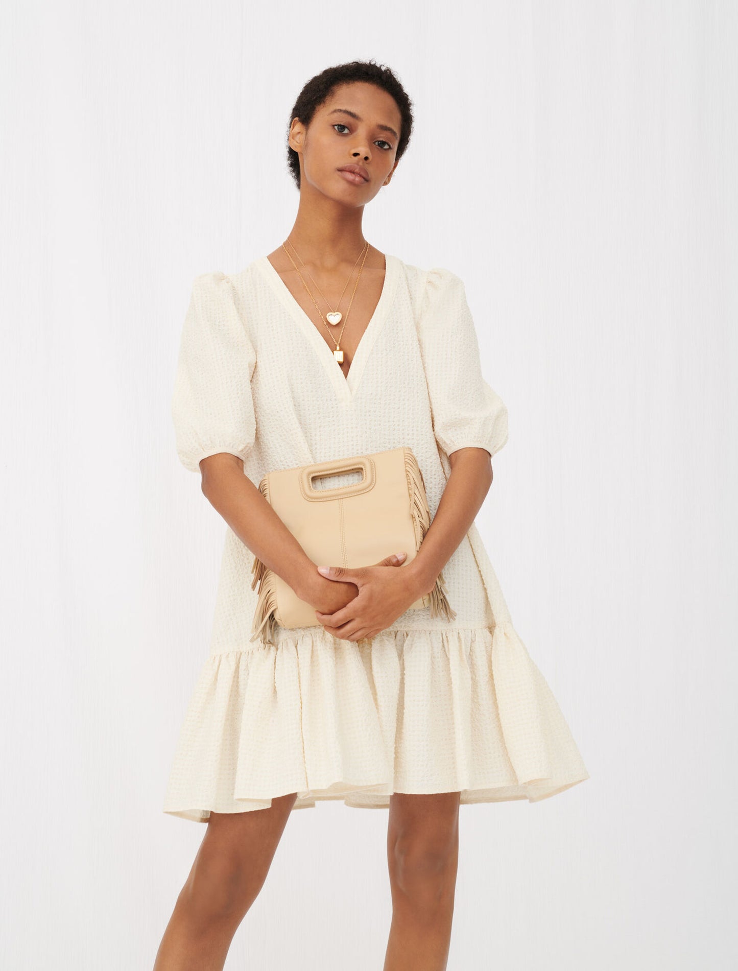 MAJE cream seersucker smock dress