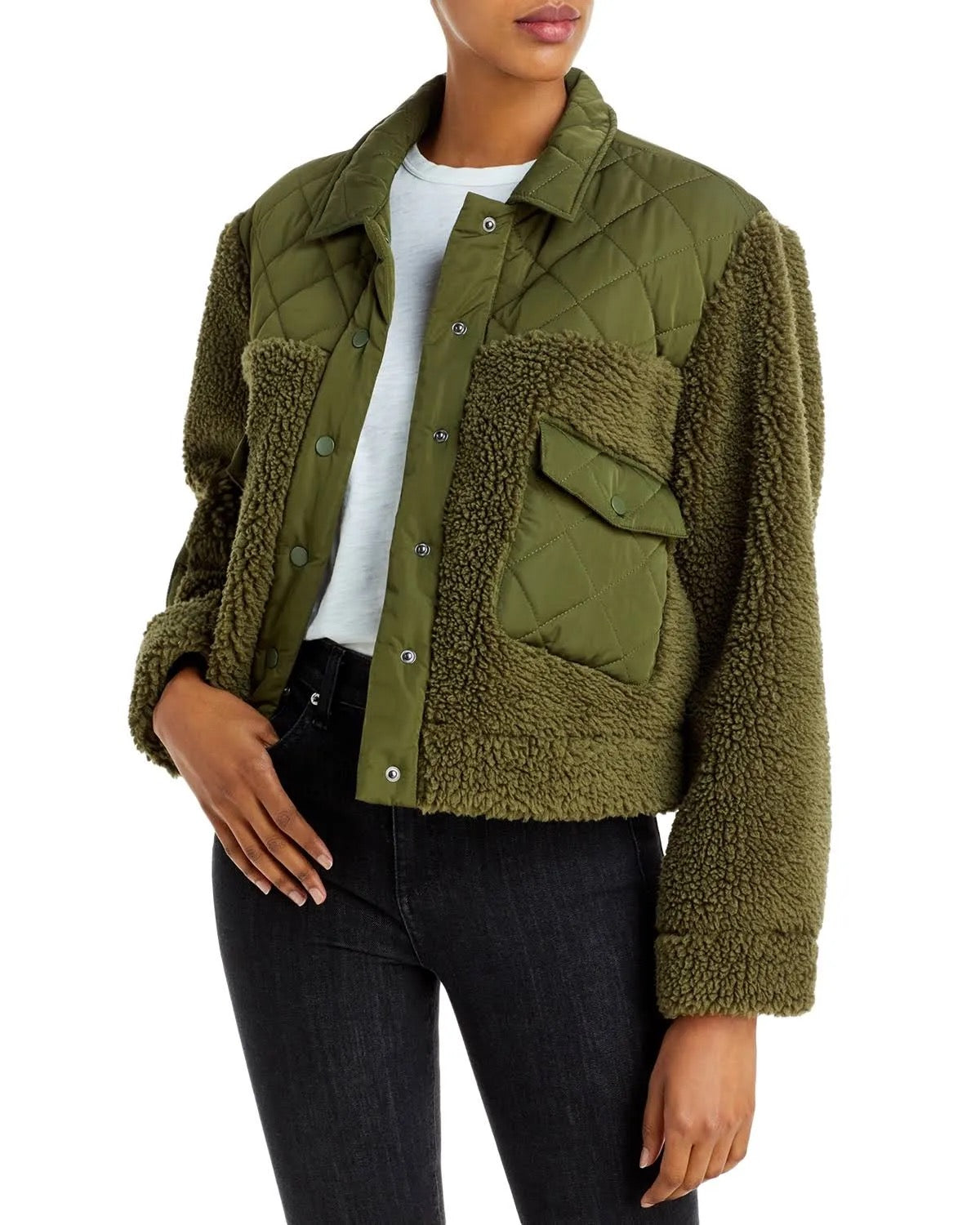 RAILS "Peyton" green sherpa + quilted sweater/jacket, button closure, pockets