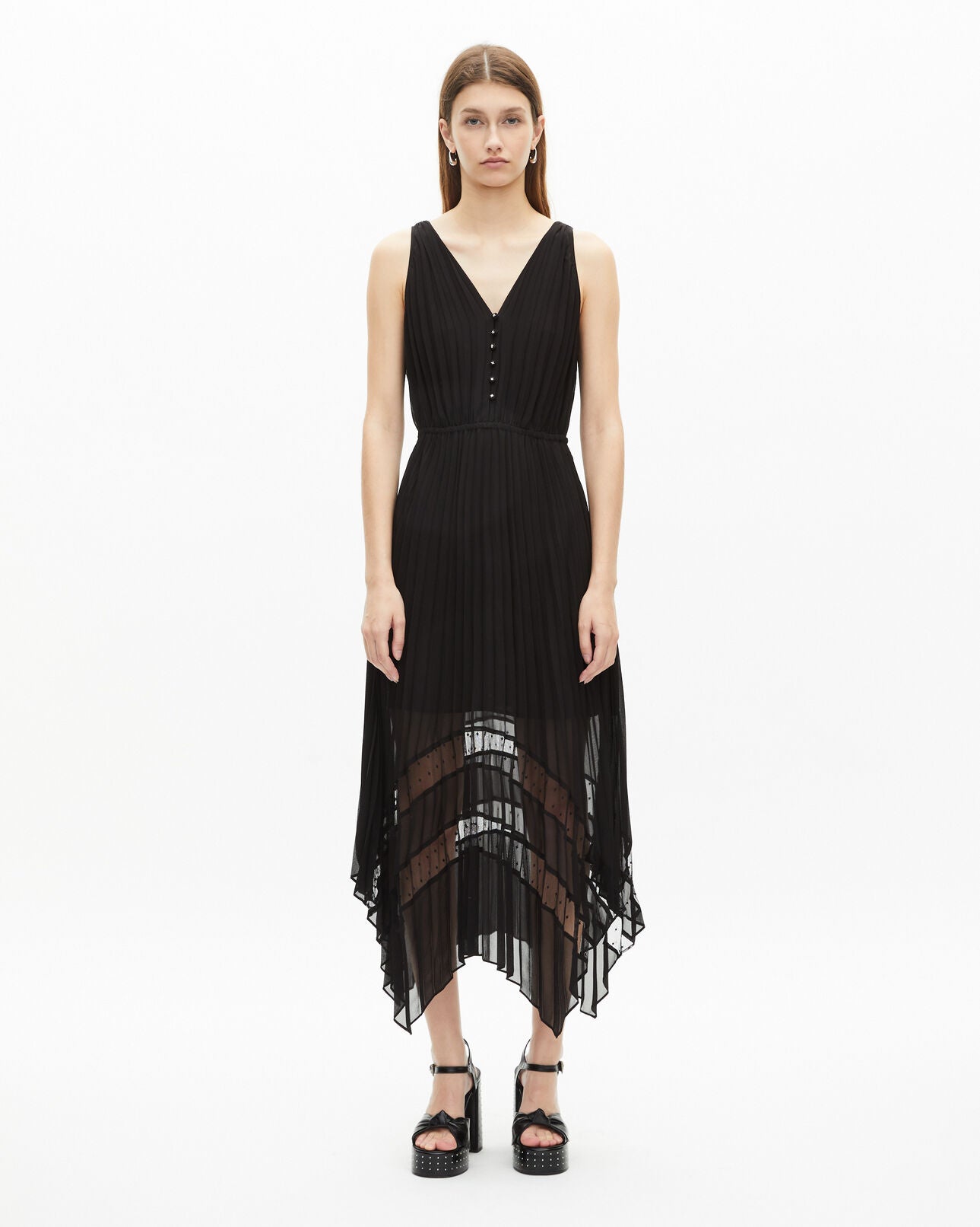 THE KOOPLES black sleeveless dress, bow ties on shoulder, pleated, button up, sheer bottom