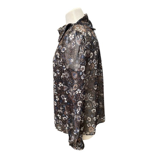 SEE BY CHLOE sheer blue floral pattern blouse, turtleneck with buttons on shoulder