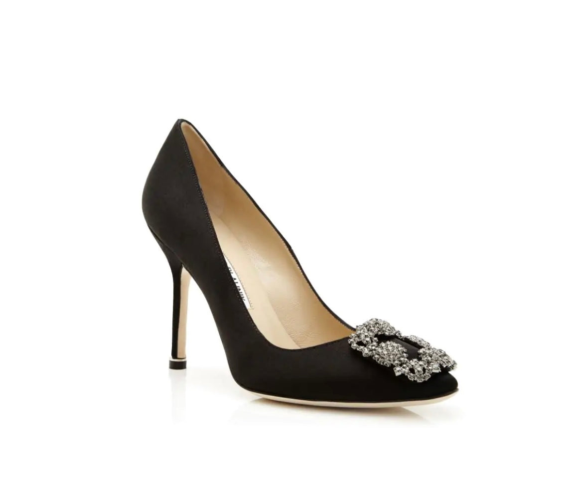 MANOLO BLAHNIK - HANGISI Black Satin Jewel Buckle Pumps